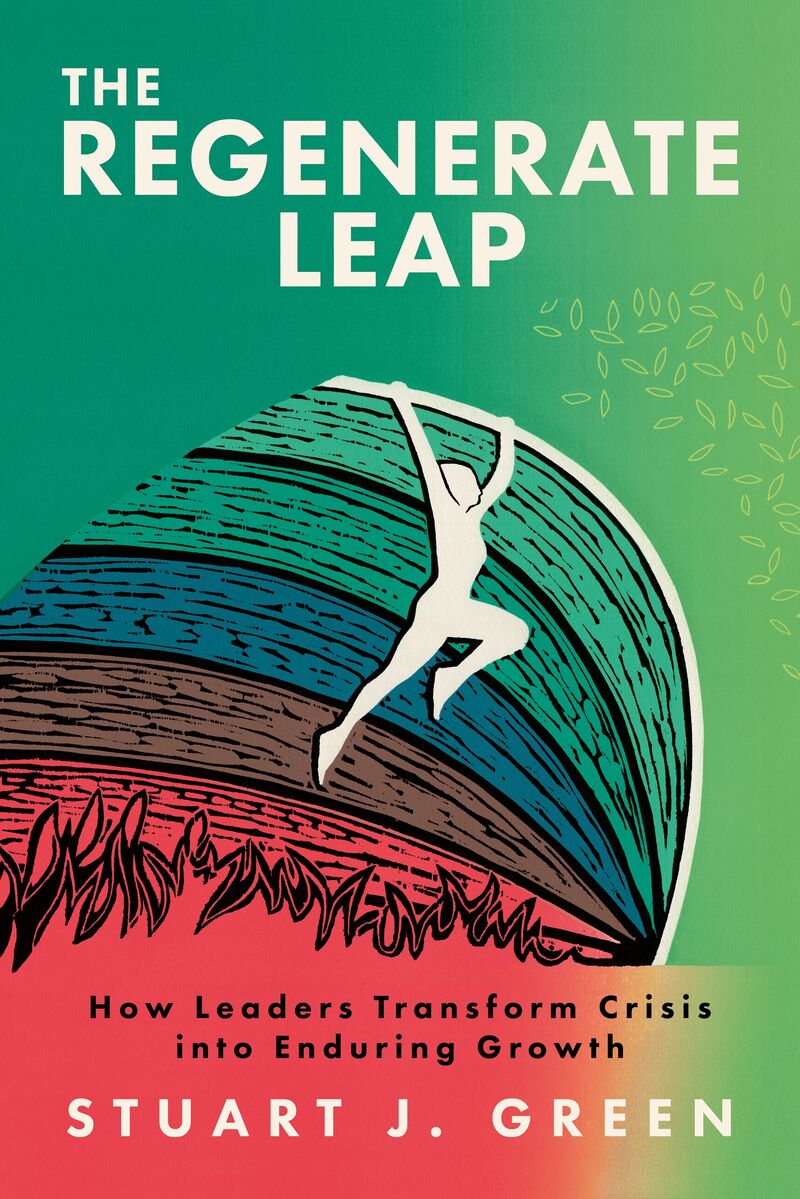 Front cover of The Regenerate Leap by Stuart J. Green, showing a woodcut figure leaping across a hillside from red flames into green growth.